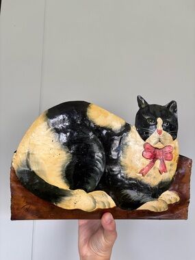 Hand-Painted Black and Cream Cat metal paper box ready to hang 1960s